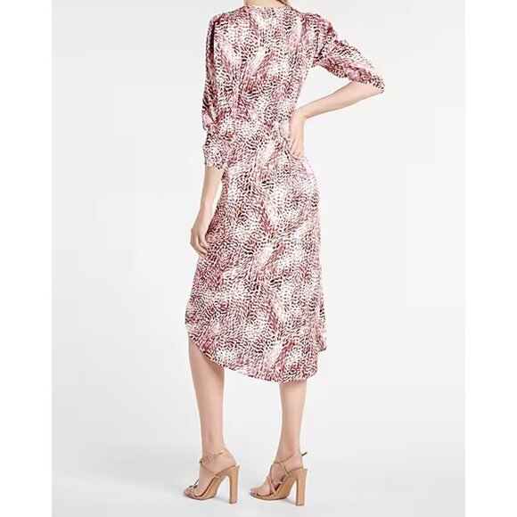 Express Abstract Print Puff Sleeve Ruched Hi-Lo Midi Dress S - Picture 3 of 7